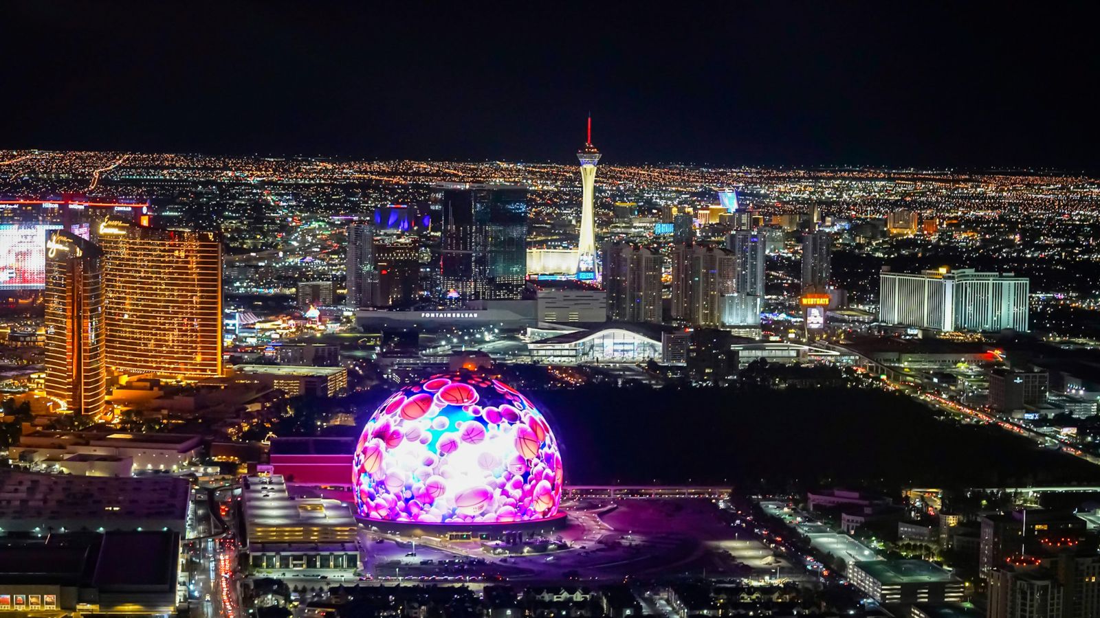 aerial view of MSG Sphere at STRAT tower from las vegas helicopter tour
