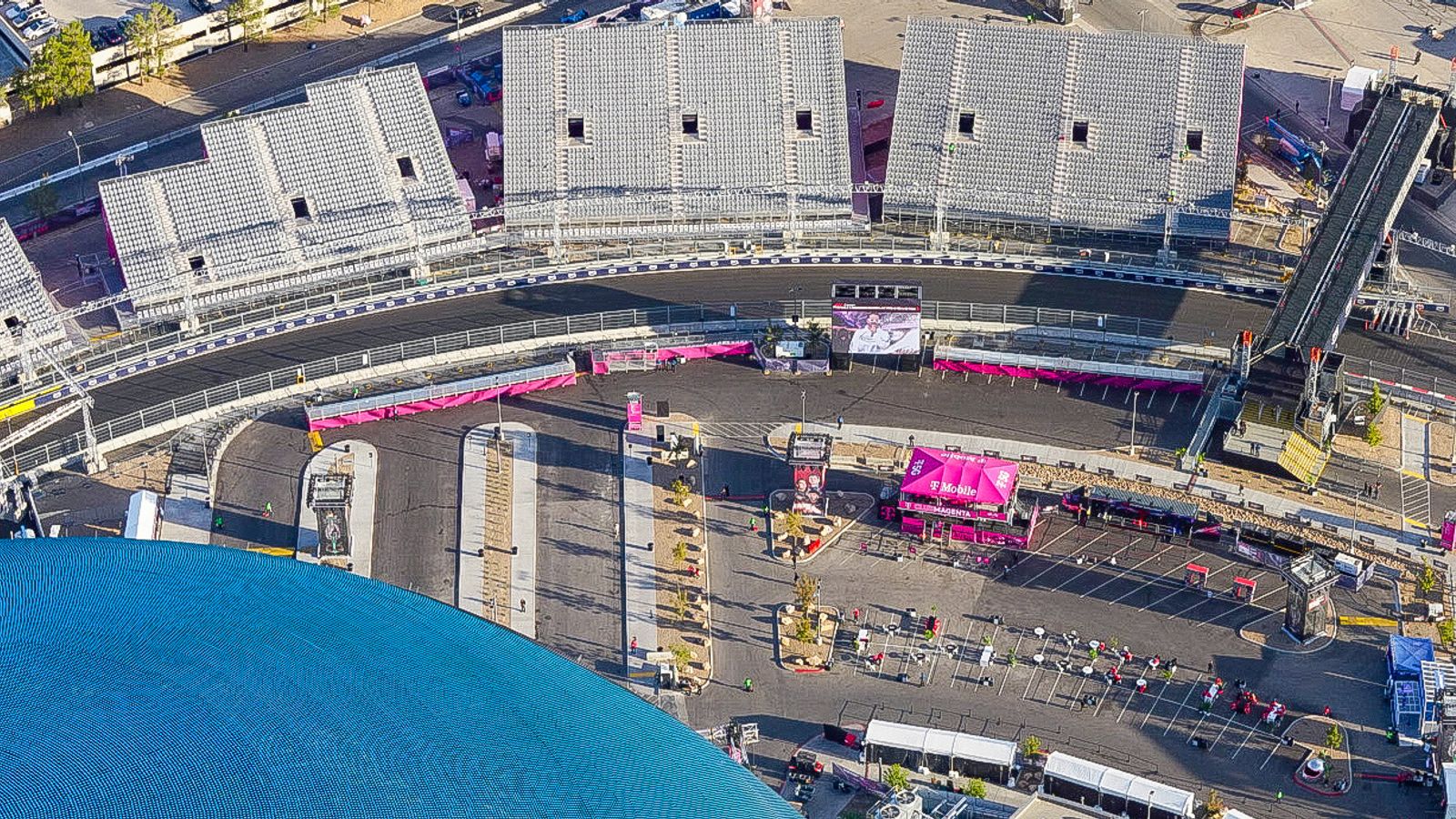 daytime view of the las vegas race grandstands and t-mobile arena