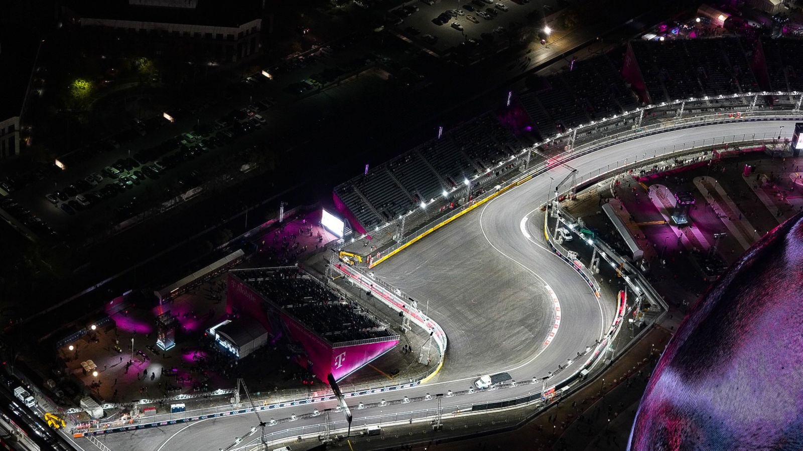a section of the vegas street circuit curving around the MSG Sphere