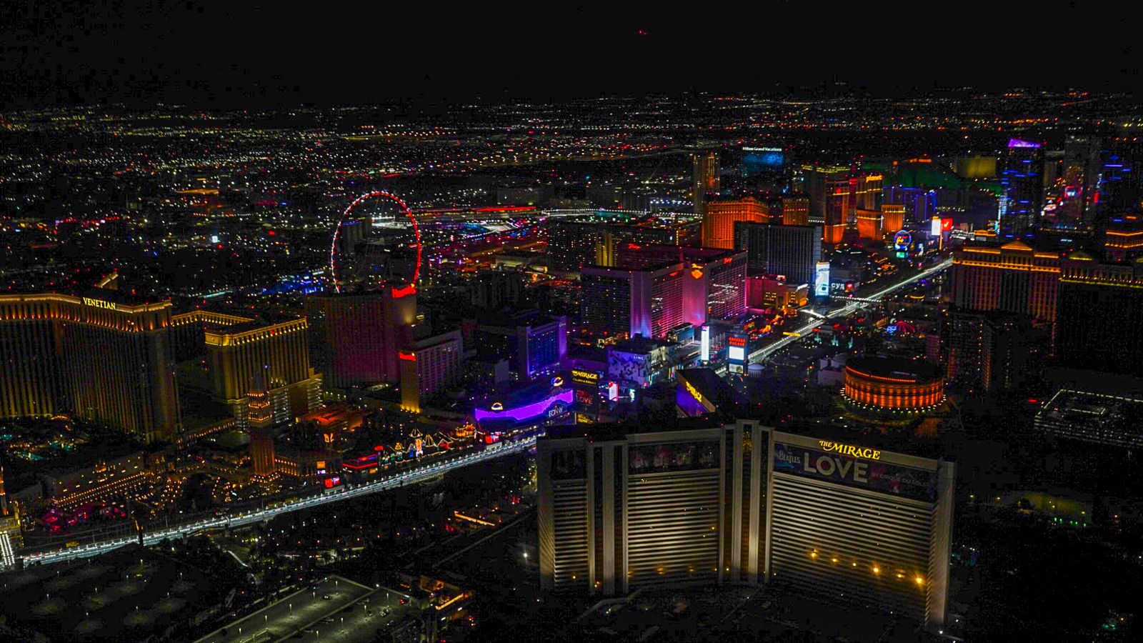 las vegas street circuit with strip hotels in the distance