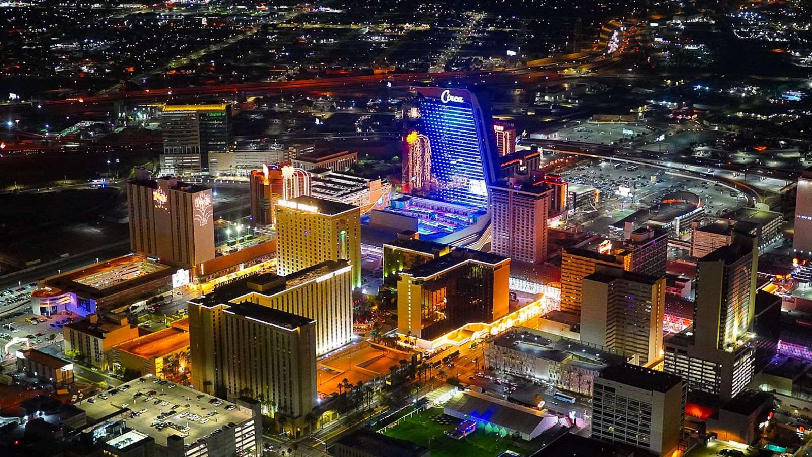 the Circa hotel seen at night from a vegas helicopter tour