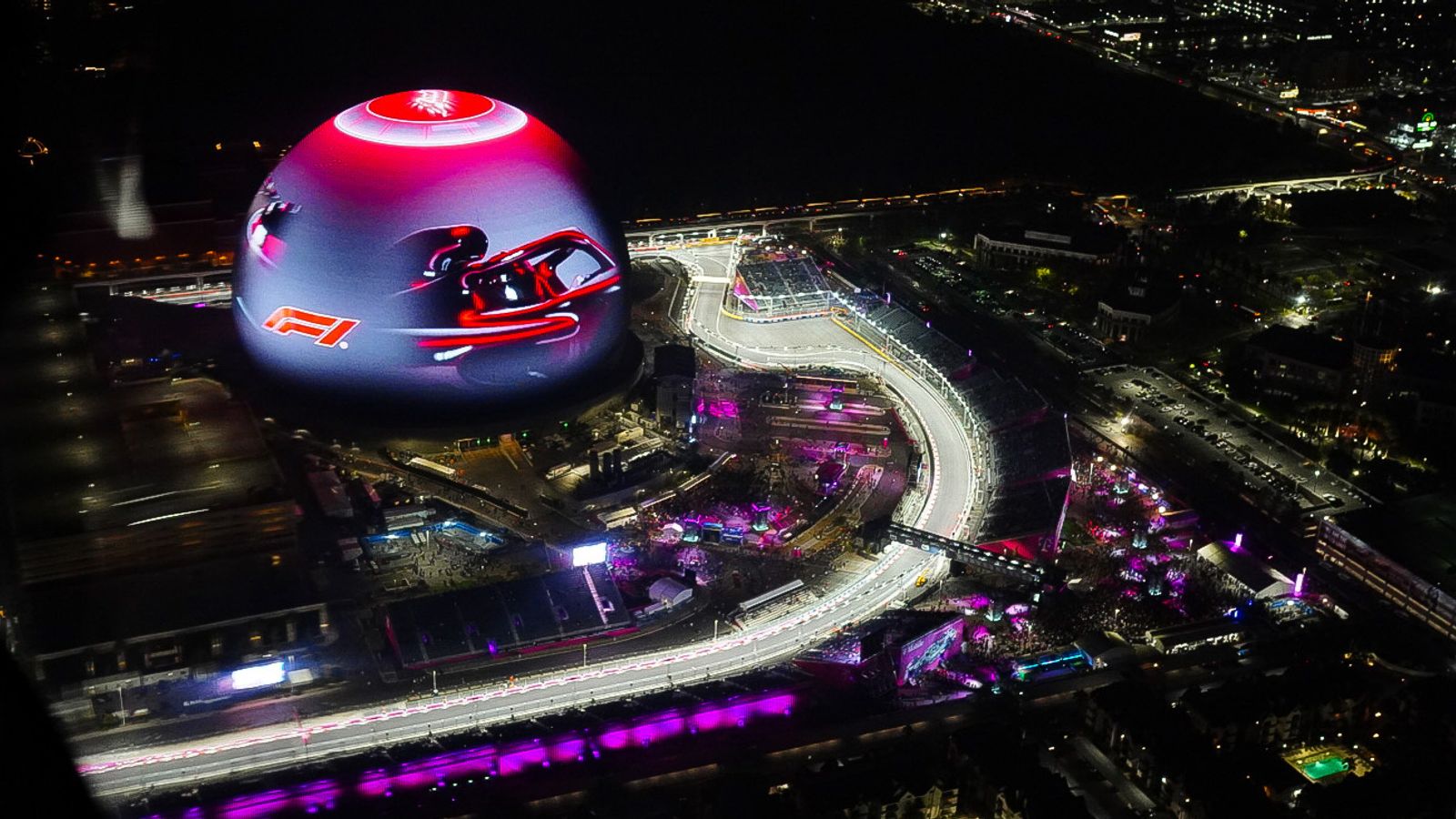 aerial view of MSG sphere and vegas racetrack