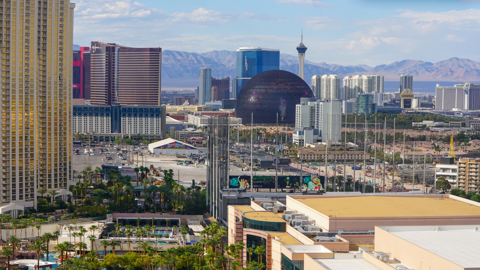 several Las Vegas casinos, including the MSG Sphere, STRAT tower, and Wynn, seen from above on a Las Vegas helicopter tour