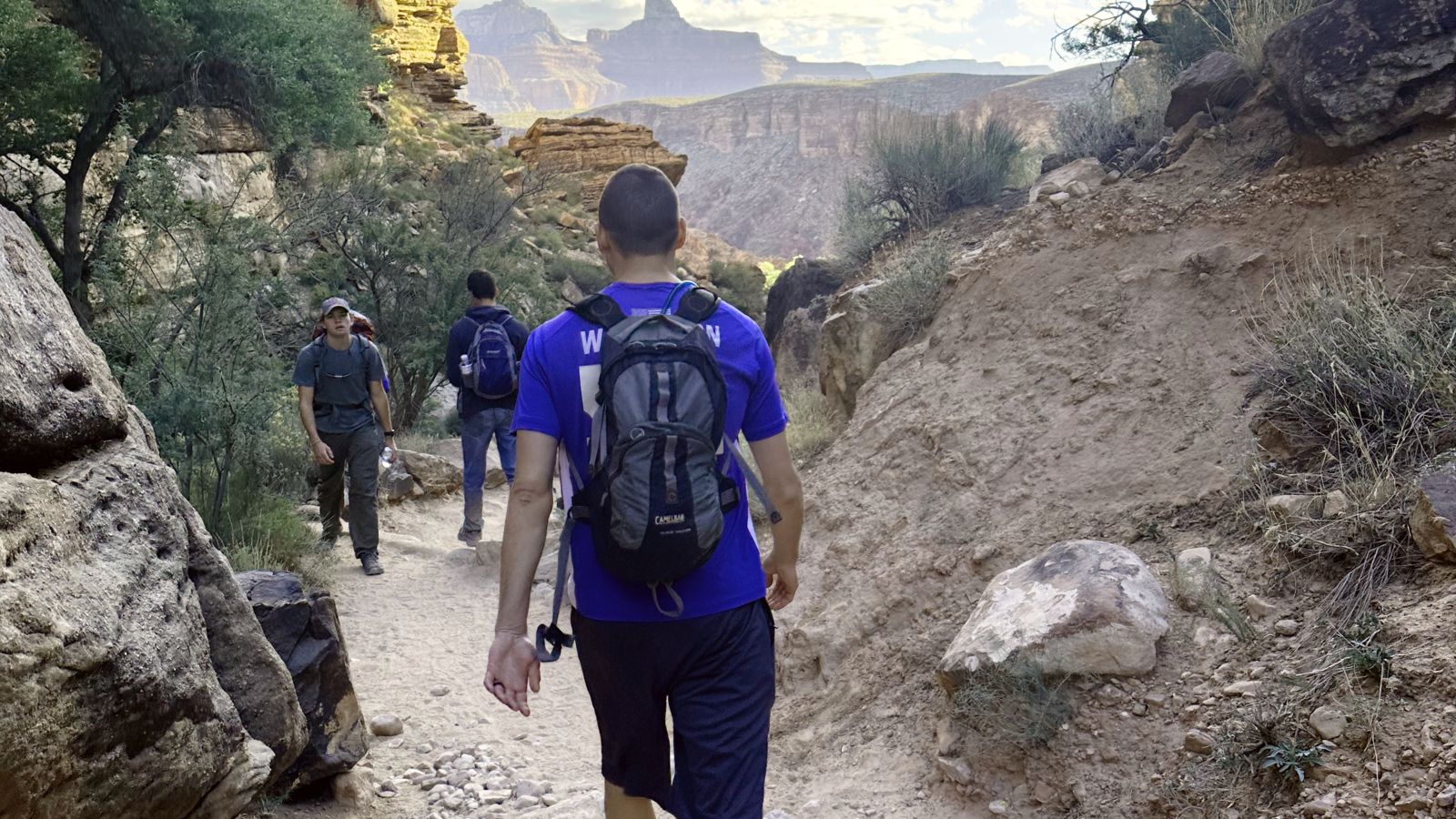 a tour group hikes below the canyon's surface on Grandview Trail at the South Rim