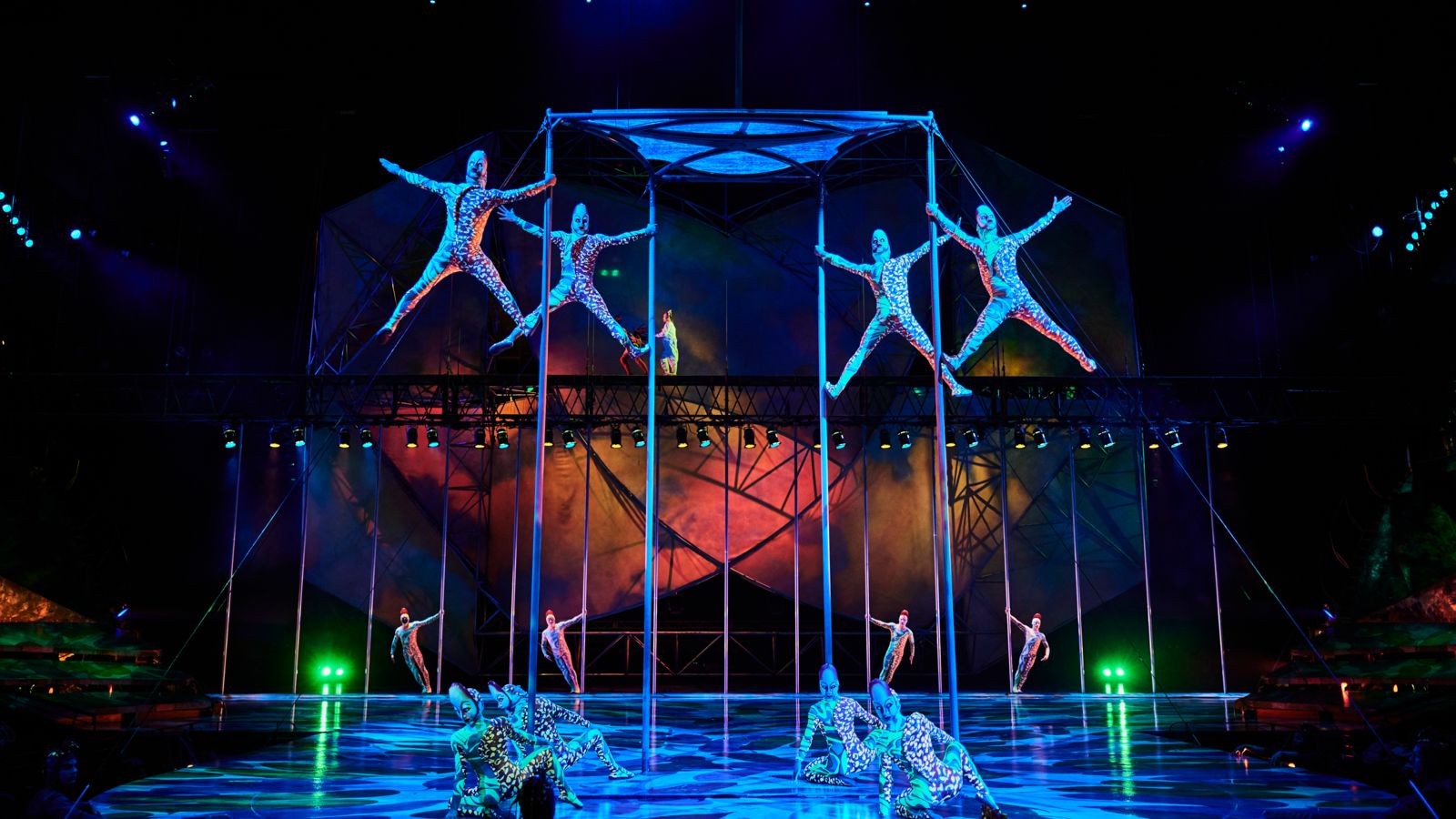 A Chinese Poles performance seen during a Cirque du Soleil Mystere show