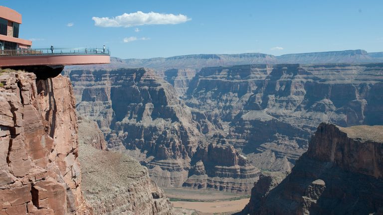 View of the Skywalk bridge and the Colorado River at Grand Canyon West Rim