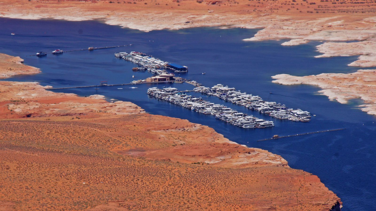 Lake Powell Marina as seen from the air aboard a Horseshoe Bend Air Tour