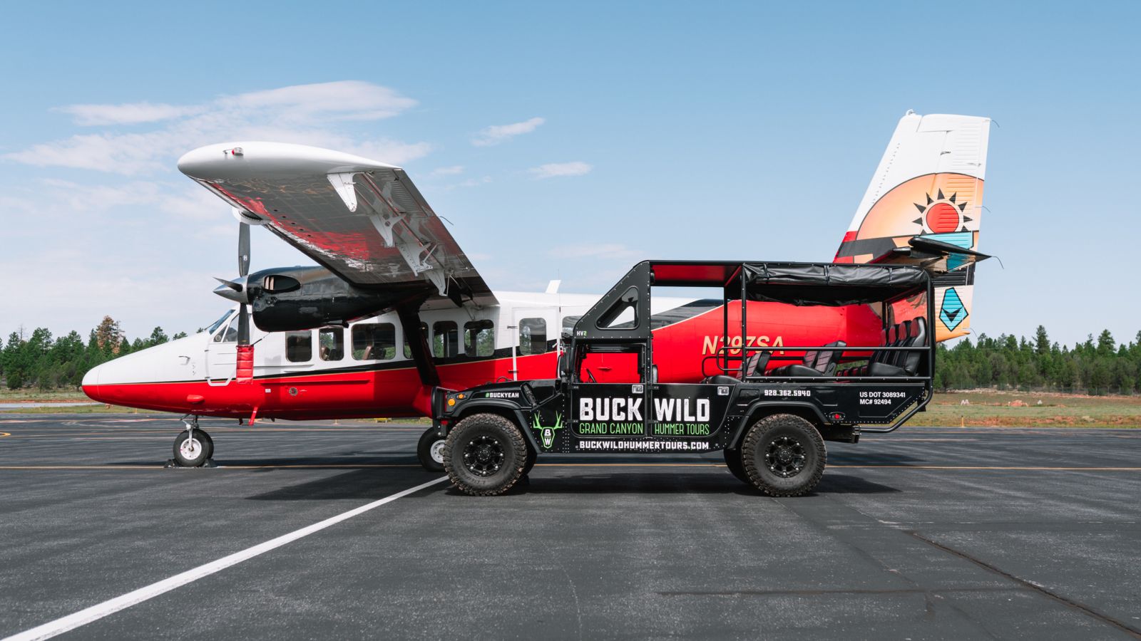 A sightseeing airplane and Hummer vehicle used in a Grand Canyon combination tour