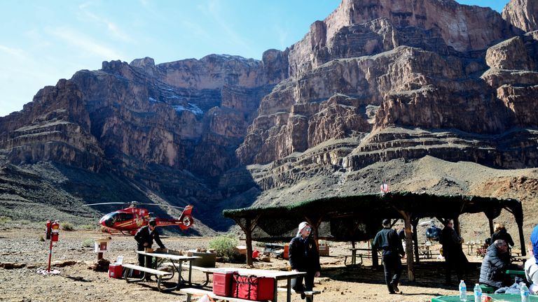 picnic tables and a tribal shelter found at the bottom of the Grand Canyon West