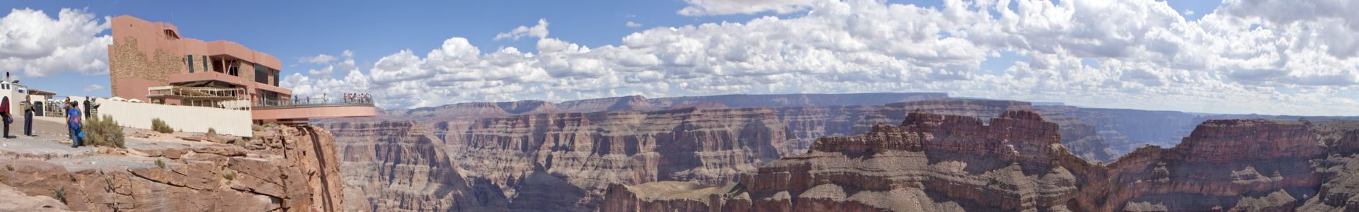 the Skywalk seen in a panoramic photo from a nearby Grand Canyon West lookout point