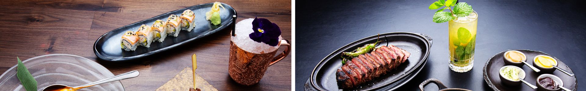 A side-by-side collage of two luxurious dishes served during a Las Vegas food tour