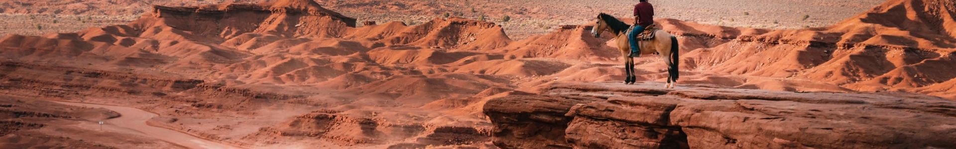 Dine tribal member on horseback looking out over red sandstone dunes