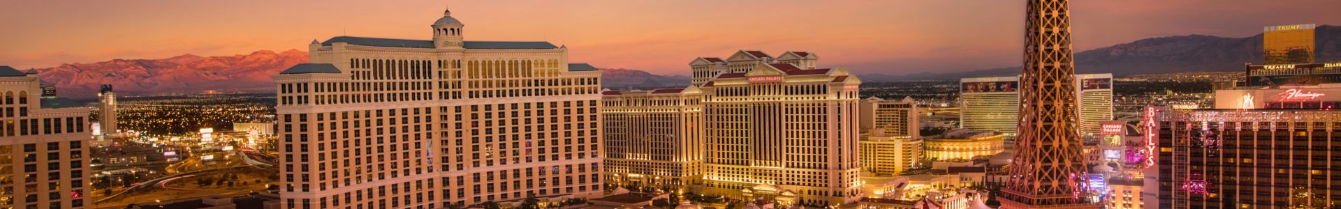 the bellagio casino and fountains seen at sunset