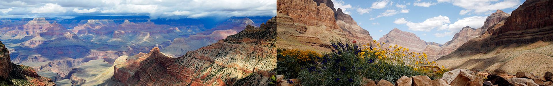 two images side by side of the Grand Canyon National Park and the floor of the Grand Canyon West