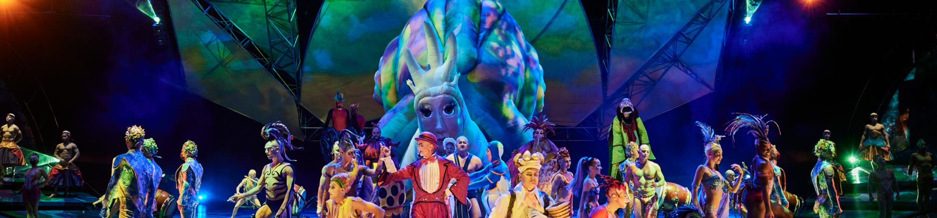 A group of Cirque du Soleil Myster performers gather onstage after a show