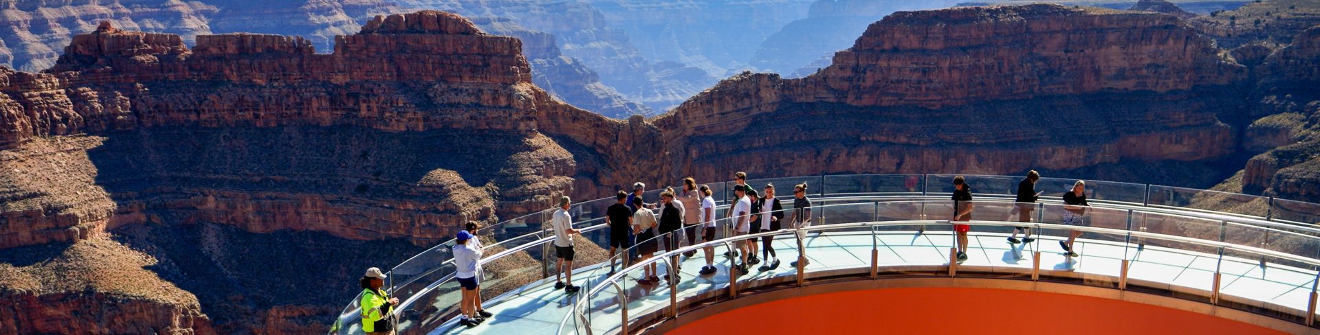 The Skywalk glass bridge at Grand Canyon West seen with Eagle Point in the background