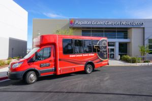 Papillon Grand Canyon helicopters transport van parked in front of their Las Vegas air terminal