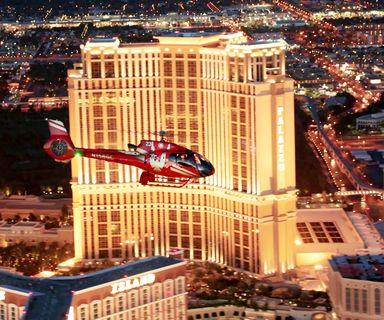 Helicopter tour flying past the Palazzo Hotel on Las Vegas Strip