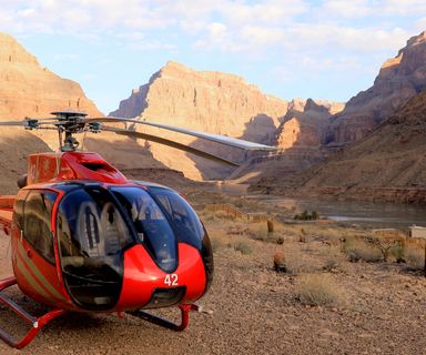 Helicopter landing at the bottom of the Grand Canyon West Rim during Grand Voyager Tour