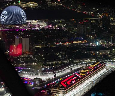 aerial view of las vegas racetrack and grandstands seen from helicopter tour