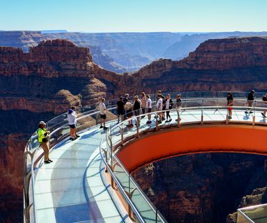 The Skywalk glass bridge at Grand Canyon West seen with Eagle Point in the background