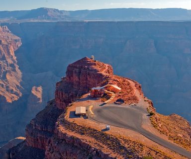An aerial view of Guano Point, a famous rock formation at the Grand Canyon West Rim