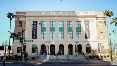 an exterior shot of the Mob Museum in downtown Las Vegas