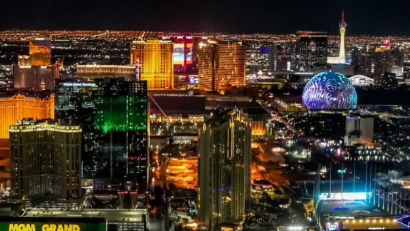 aerial views of Downtown las vegas and the Sphere from a helicopter tour