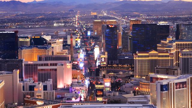 Aerial view of the Strip casinos seen from a Las Vegas helicopter tour during Sunset.
