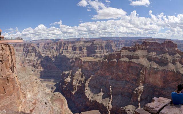 a panoramic view of the Skywalk Bridge at the Grand Canyon West Rim