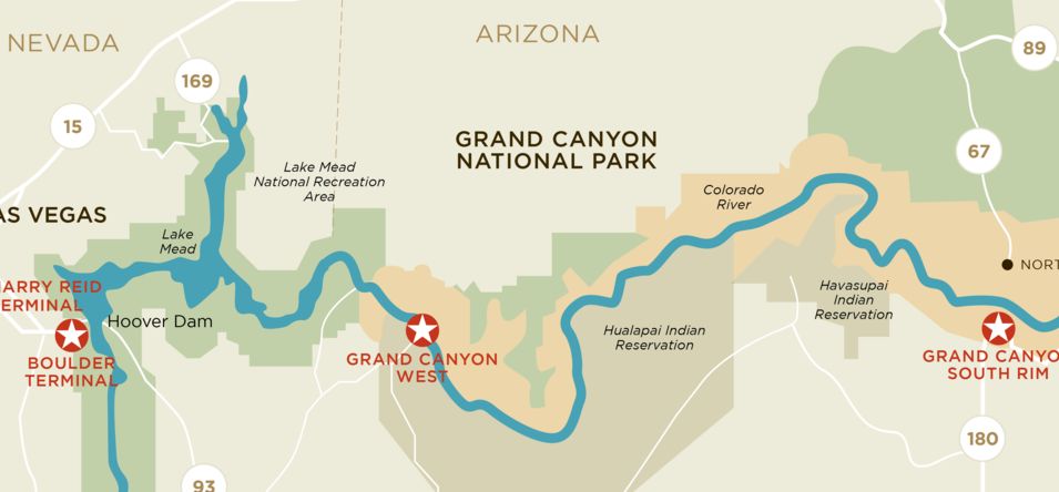 A map displaying the distance and route from Las Vegas to the Grand Canyon West and Grand Canyon National Park