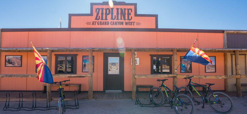 an Old West style building that serves as the entry onto the zipline at Hualapai Point at Grand Canyon West
