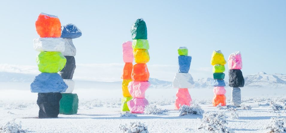 the seven magic mountains covered in snow right outside of las vegas