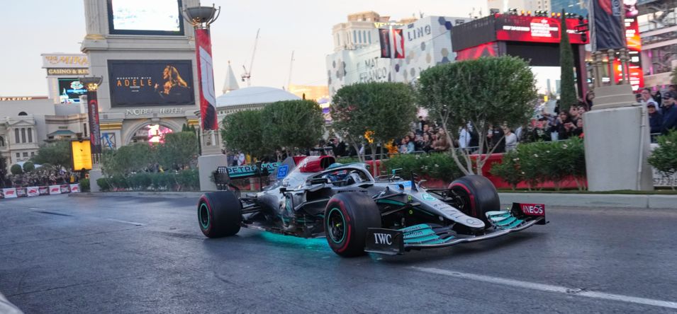 Formula 1 race car driver on the Strip during Launch Party for Grand Prix Las Vegas.