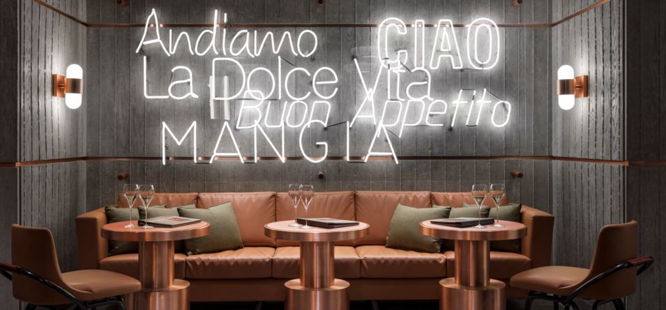 An elegant lounge area located inside Matteo's Ristorante Italiano in the Venetian