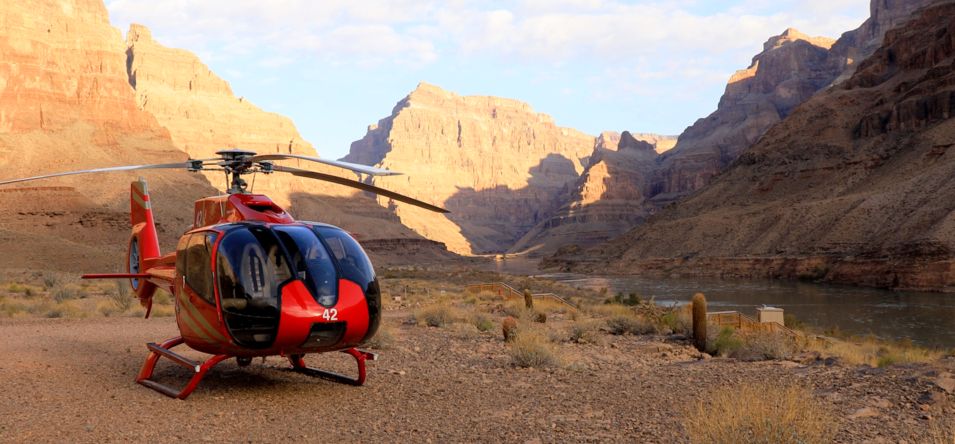 A Grand Canyon helicopter tour lands on the bottom of the West Rim