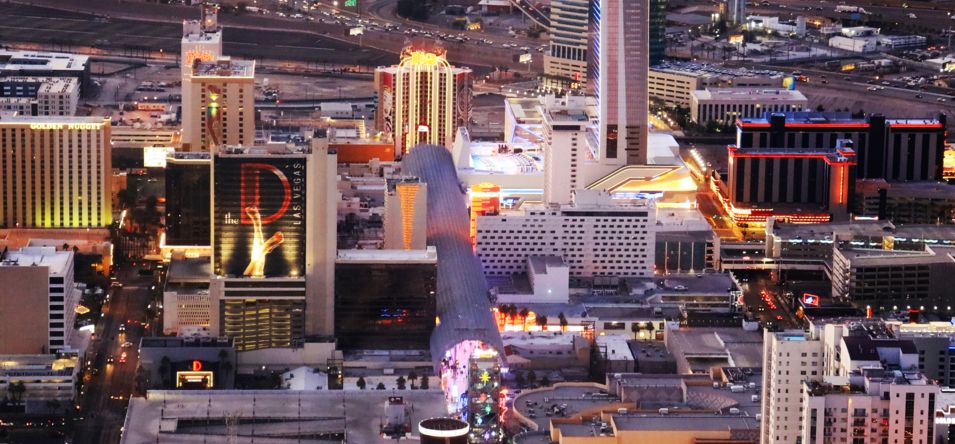 Aerial view of Downtown Las Vegas hotels and casinos