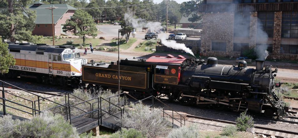 the Grand Canyon train travelling through the Arizona desert en route to the South Rim