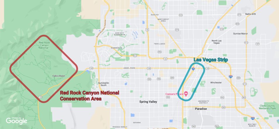 A map displaying Red Rock Canyon's location in Las Vegas and its distance from the Strip