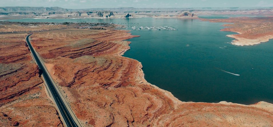 view of a boat marina from afar on lake powell in page arizona