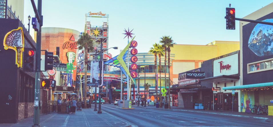 Bars, restaurants, and casinos lining historic Fremont Street in Las Vegas