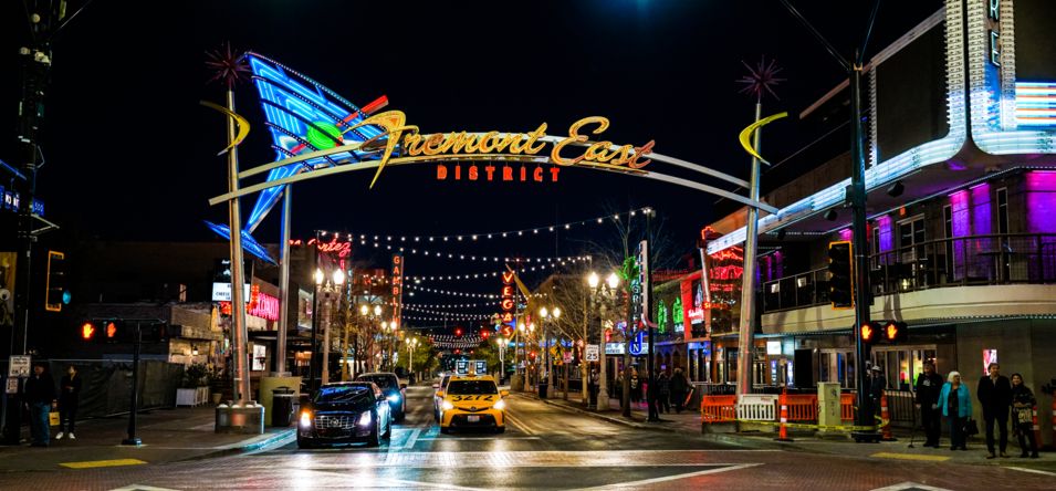 Las Vegas East Fremont Street arch entrance sign at night