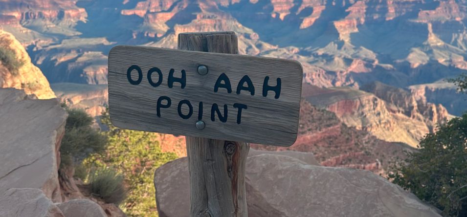 a wooden sign designating a lookout point at the Grand Canyon National Park