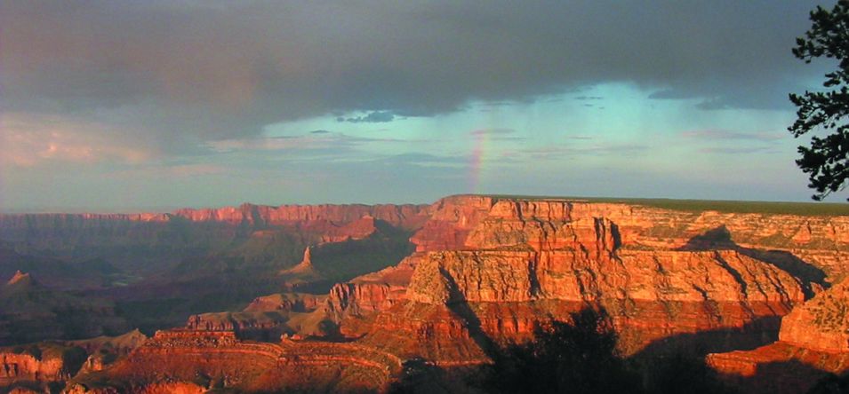 A rainbow illuminates in the sky about a Grand Canyon National Park viewpoint