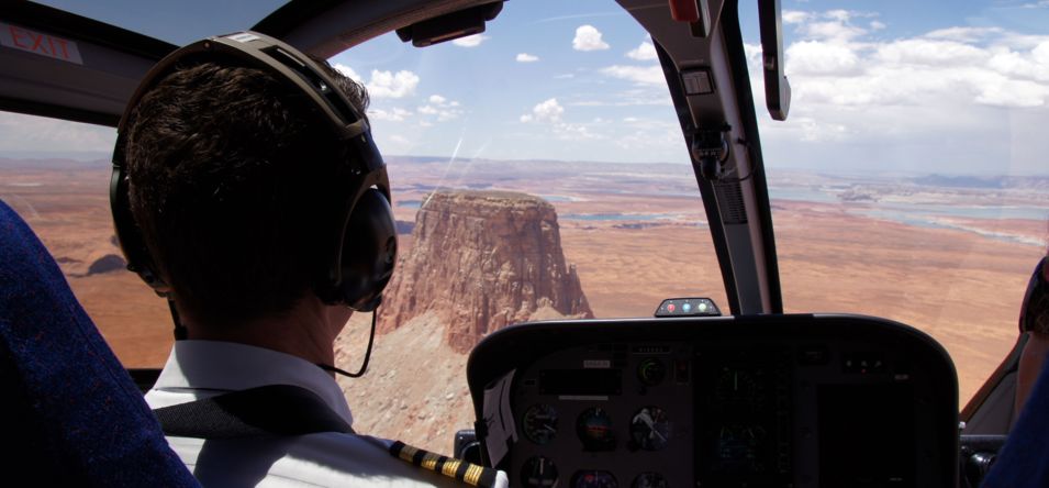 tower butte seen from helicopter windshield flying in page arizona