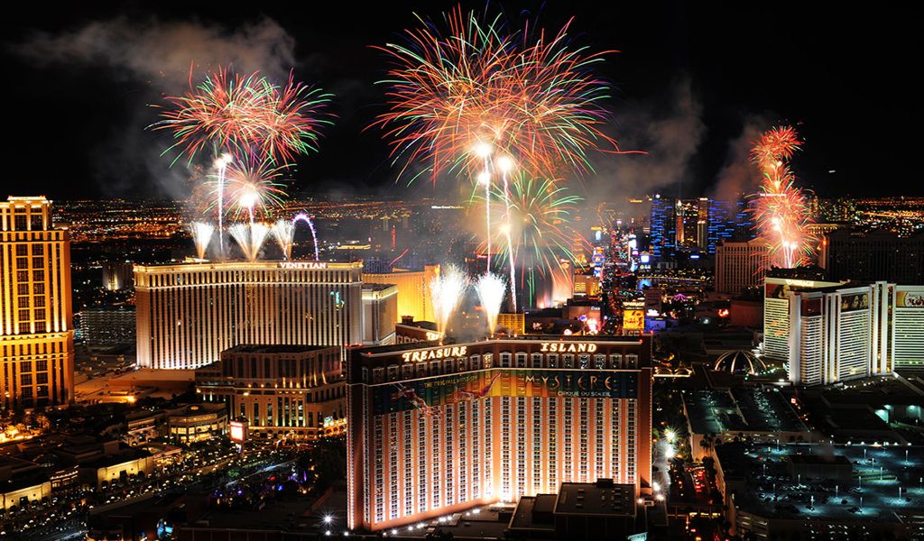a stunning fireworks display erupts over the Las Vegas Strip casinos