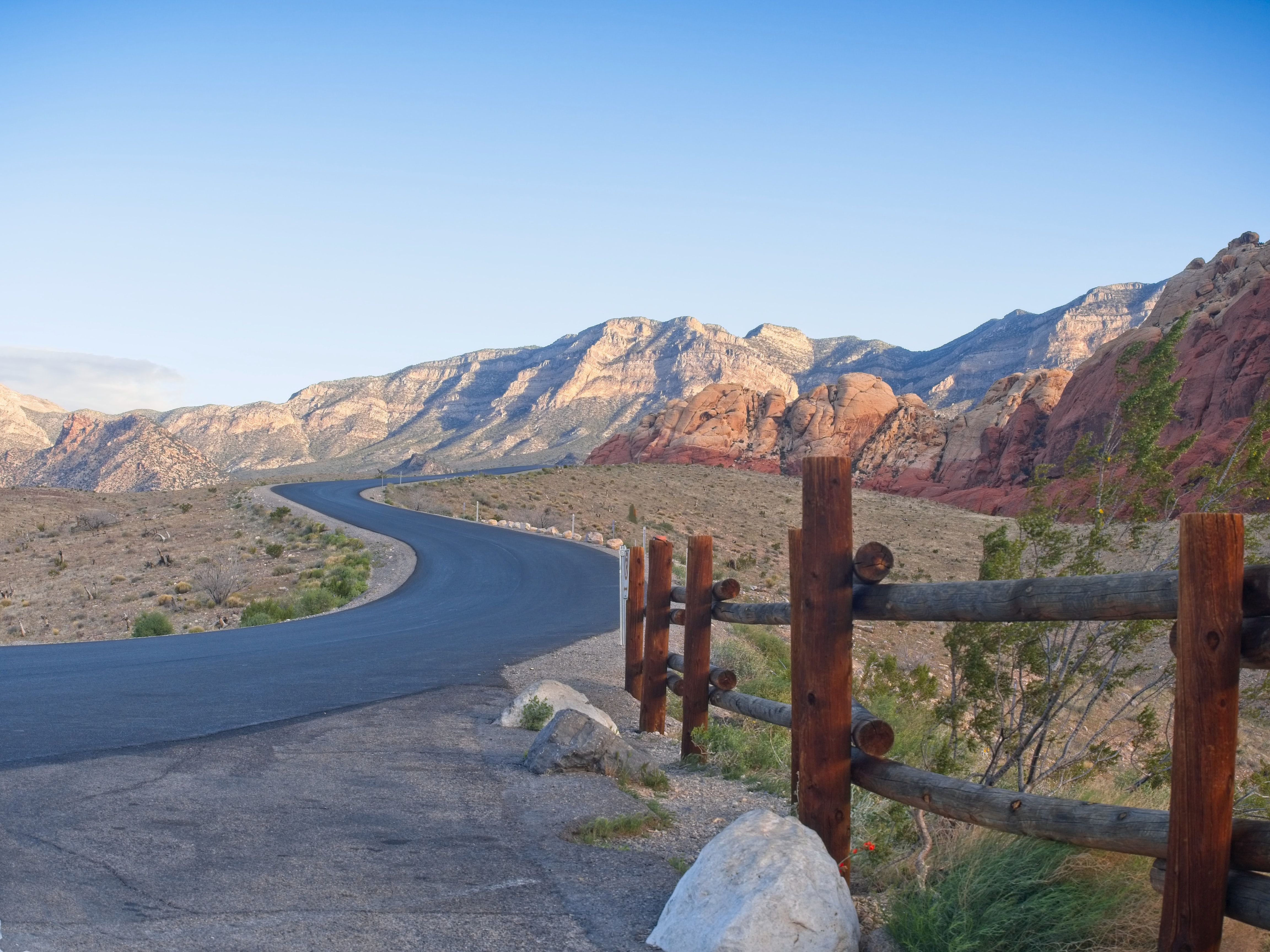 The paved Red Rock Canyon Scenic Drive cutting through the mountainous landscape