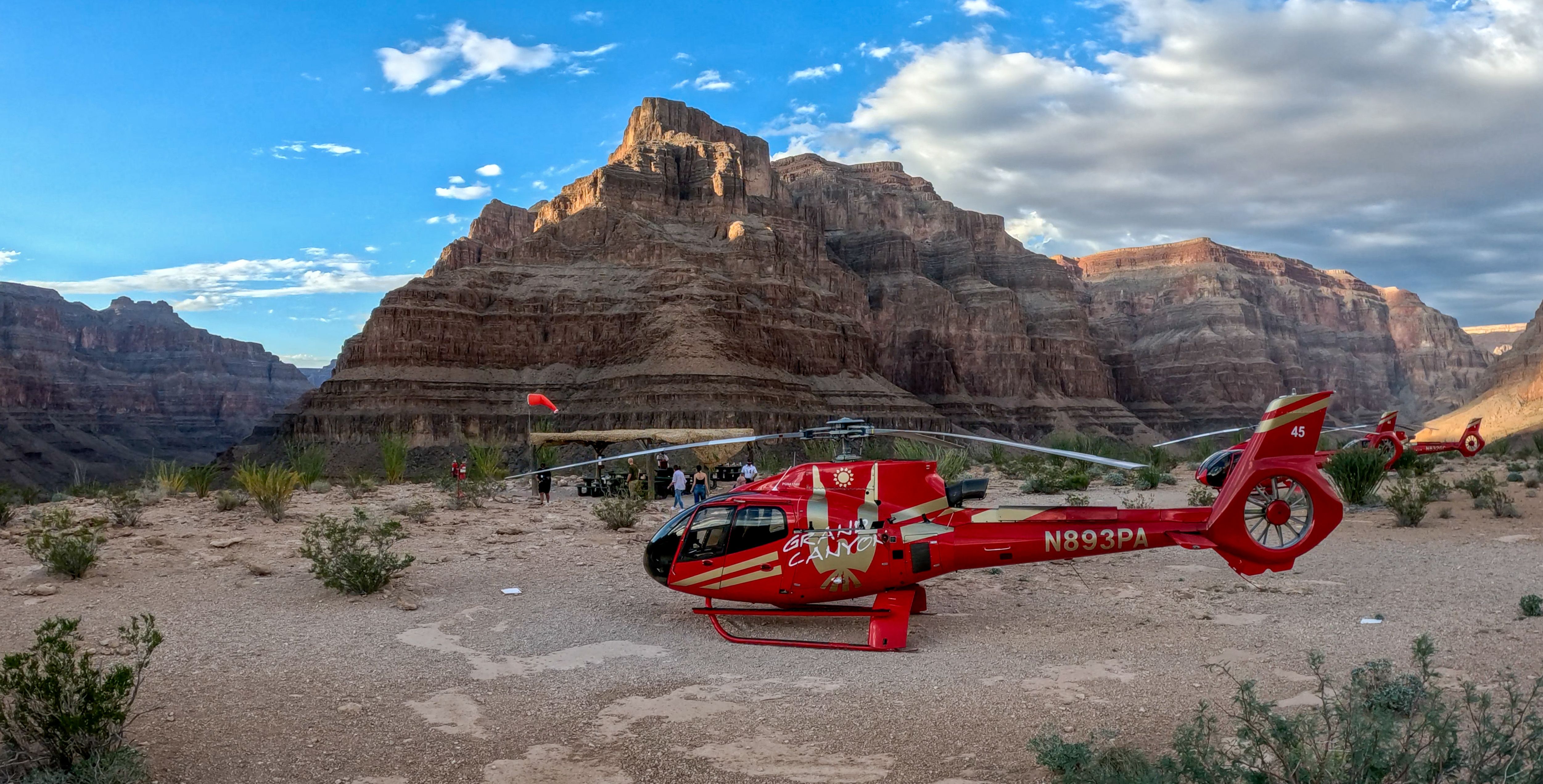 A Papillon helicopter landed on the very bottom of the Grand Canyon