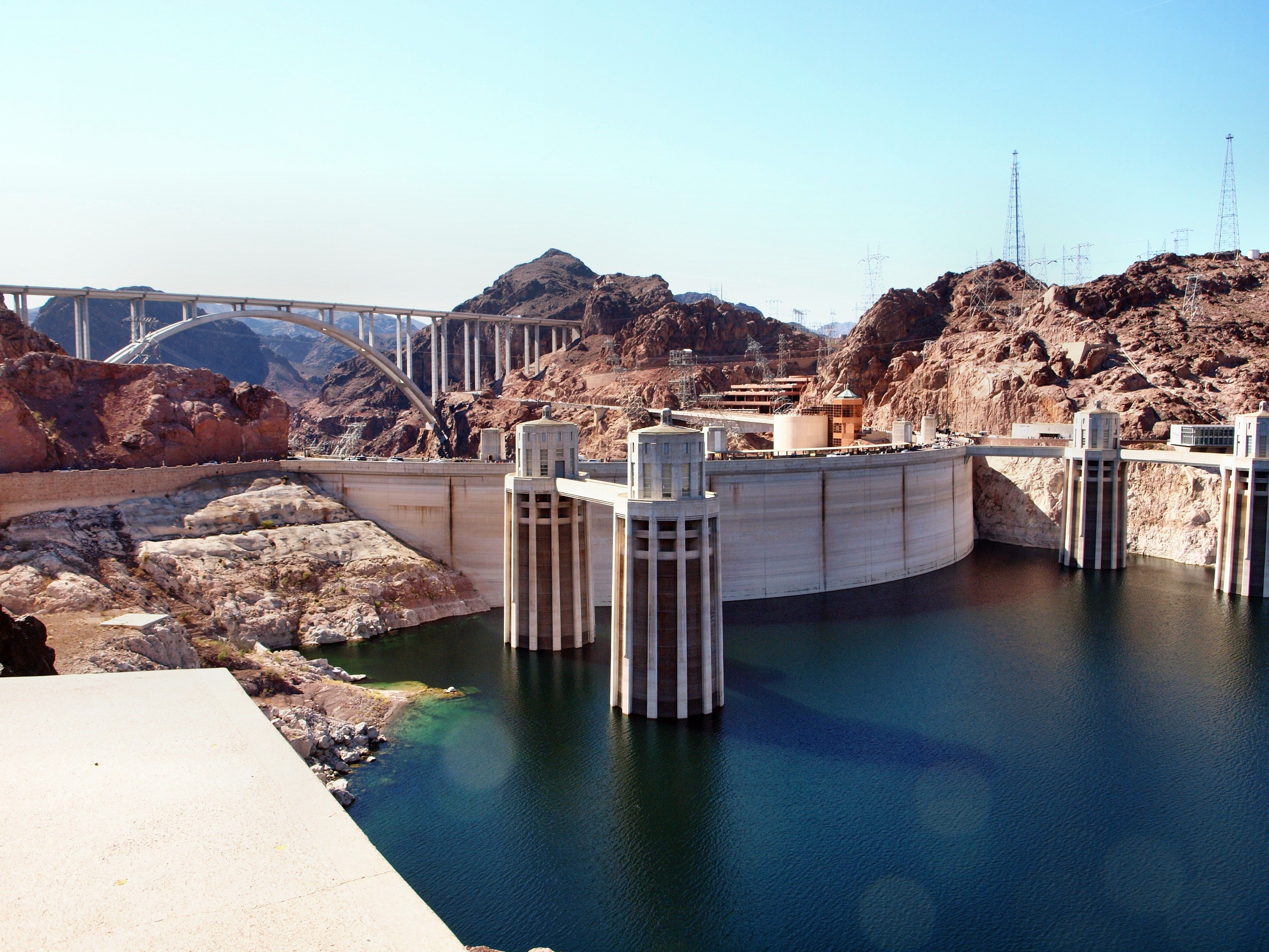 Hoover Dam seen from behind, with the O'Callaghan-Tillman memorial bridge in the background