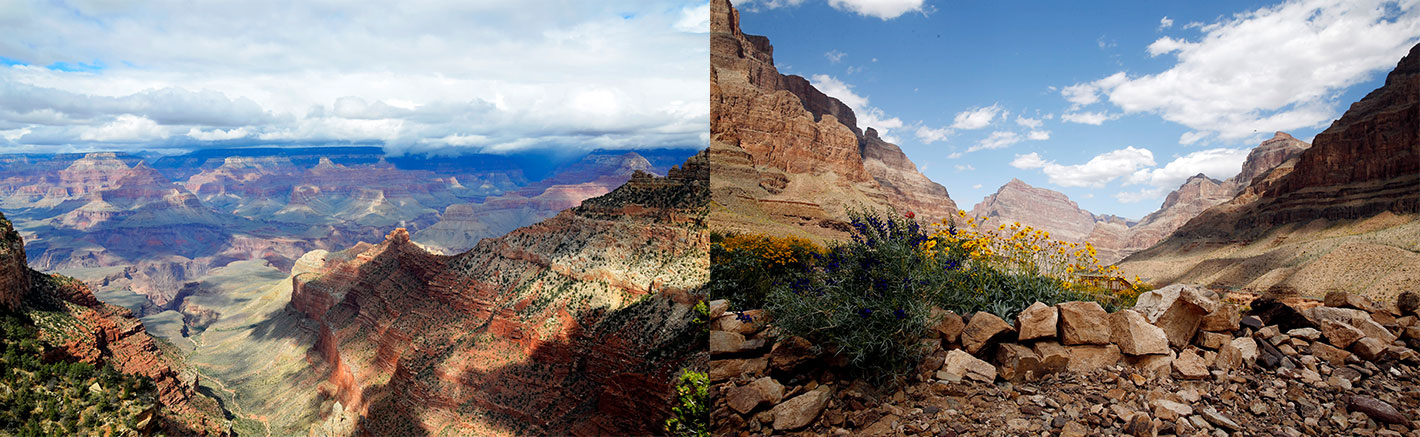 Two images side by side: the Grand Canyon National Park and the floor of the Grand Canyon West.